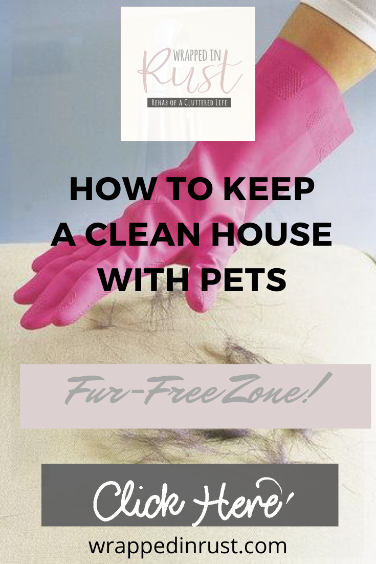 Keeping a house clean with pets can add some challenges but we have the answers. Keep reading to learn how to keep a clean house with pets without spending all day long doing it. #wrappedinrustblog #cleanwithpets #cleaningtips 