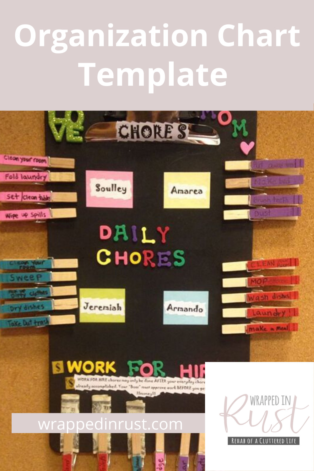 Stay organized with an organization chart for you and your family. A chart is a great way to be held accountable and a it is a gentle reminder of what needs to be and when. Keep reading to learn more. #organizationchart #organized #homeorganizationtips #wrappedinrustblog
